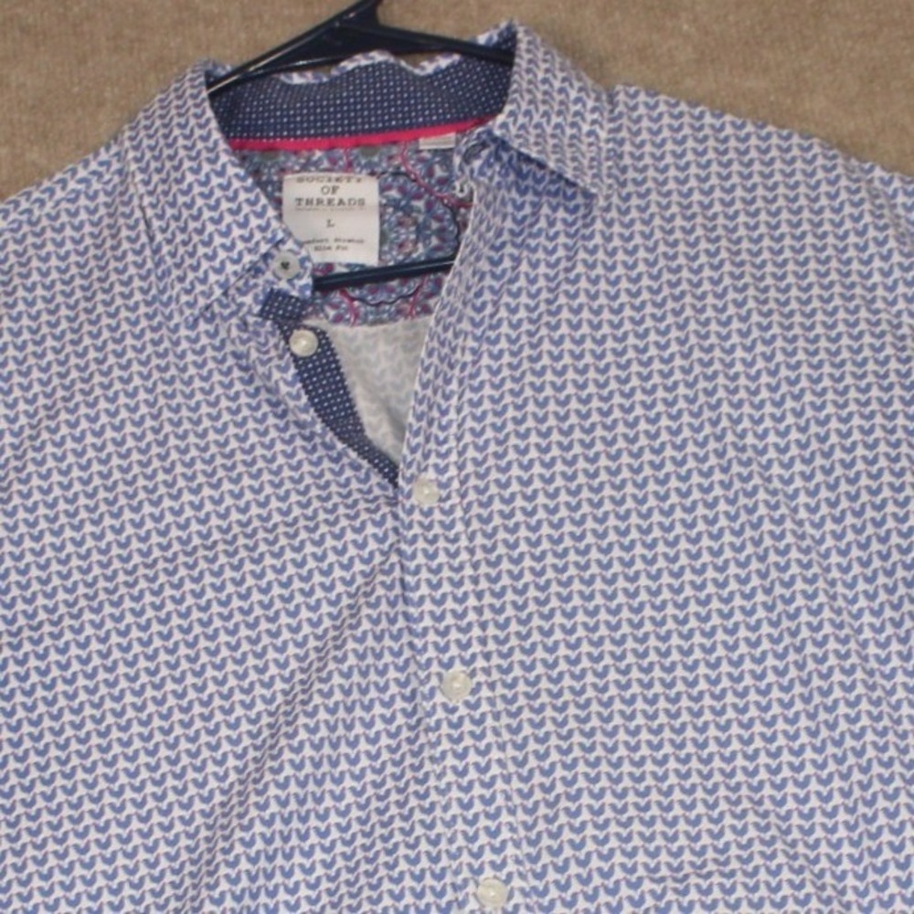 Society of Threads Mens Large Slim Fit Rooster Print Short Sleeve Button Down